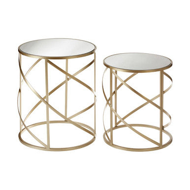 Set of 2 Gold Champagne Finish Flowing Swirl Metal Frame Side Tables with Mirrored Glass Tops, Avantis
