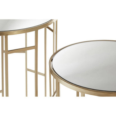 Set of 2 Gold Champagne Finish Asymmetric Round Side Tables with Mirrored Glass Tops, Avantis