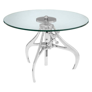 Glass table with metal base on a white background