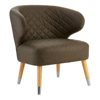 Brown quilted armchair with wooden legs on a white background