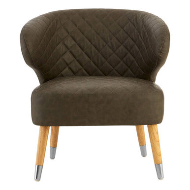 Brown quilted armchair with wooden legs on a white background