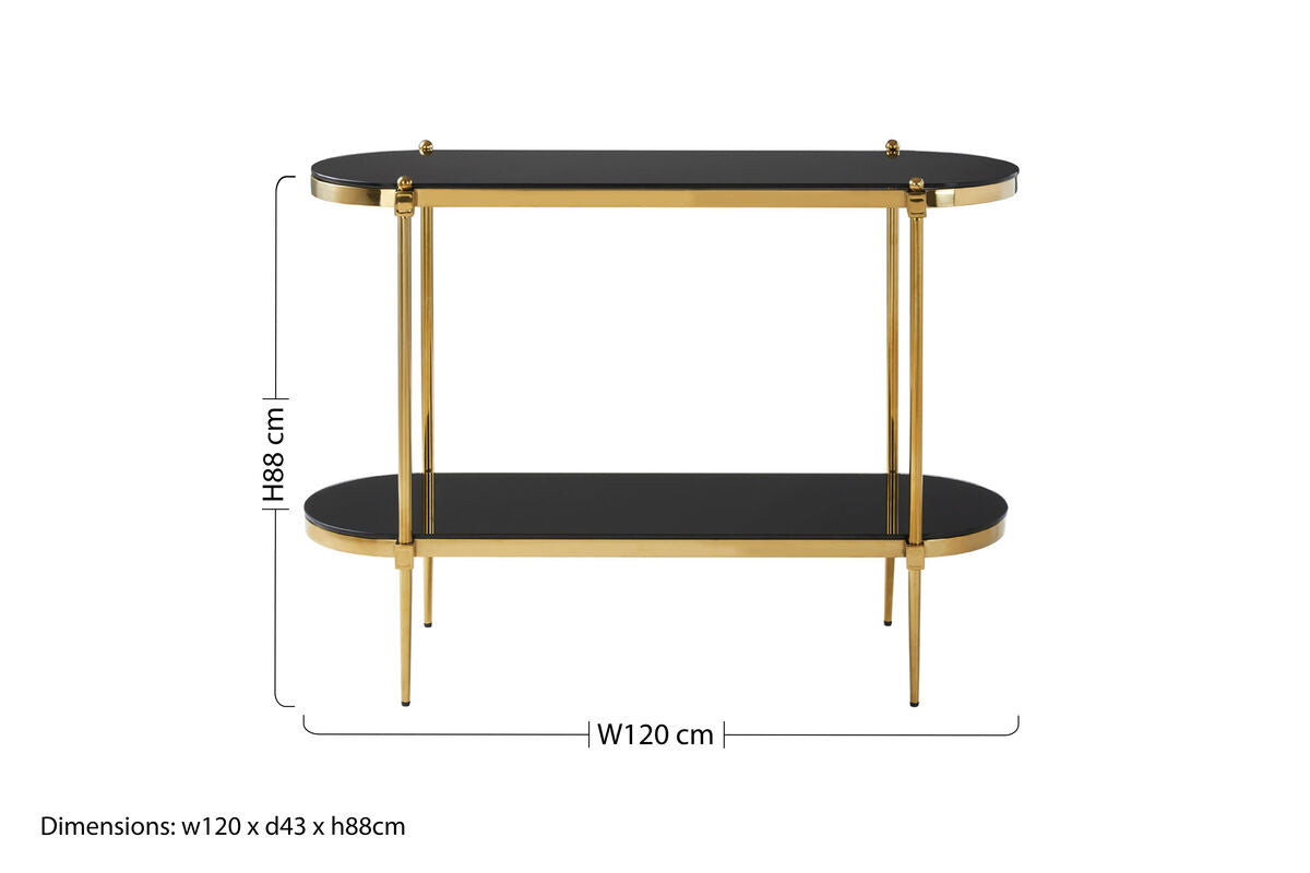 Arezzo 2 Tier Gold Console Table with Black Tempered Glass - Image 11