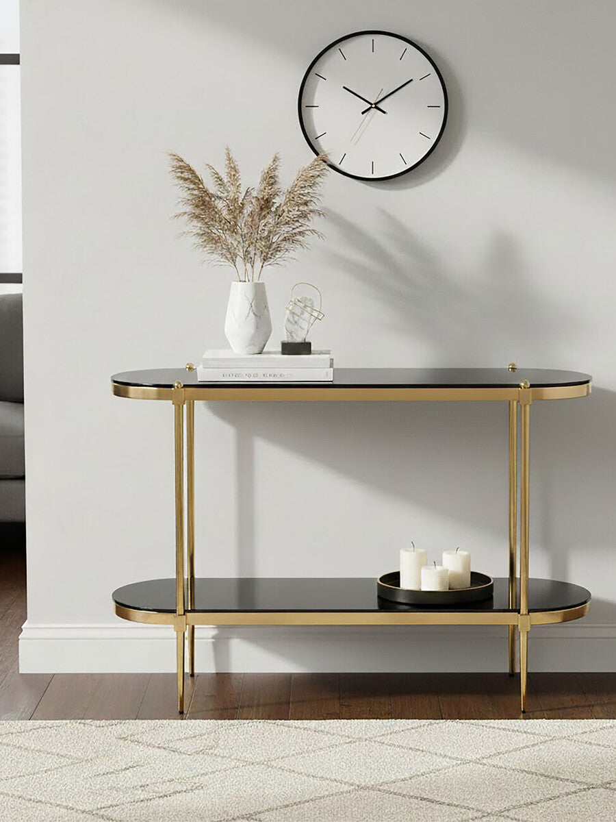Arezzo 2 Tier Gold Console Table with Black Tempered Glass - Image 7
