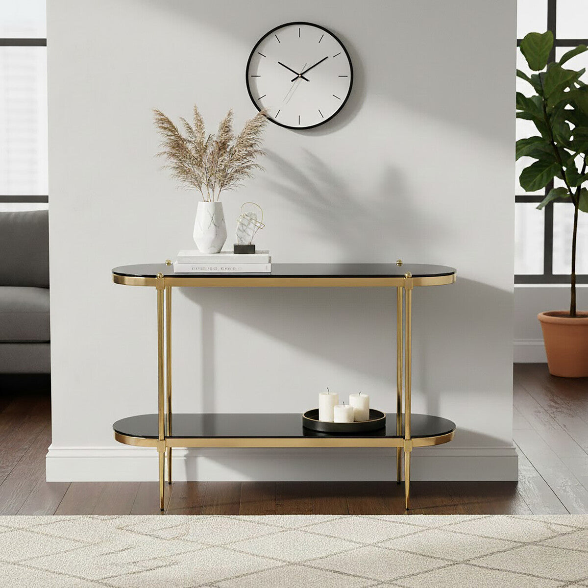 Arezzo 2 Tier Gold Console Table with Black Tempered Glass - Image 6