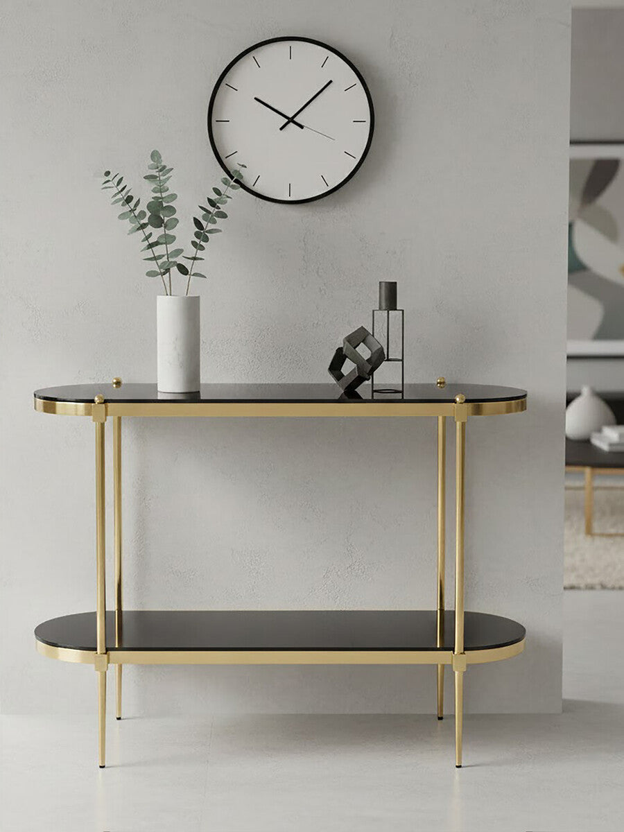 Arezzo 2 Tier Gold Console Table with Black Tempered Glass - Image 5