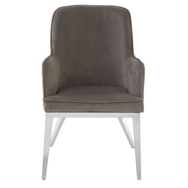 Gray upholstered chair with white legs on a white background