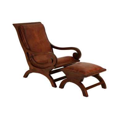 Inca Brown Leather Lounge Chair with Footstool - Image 2