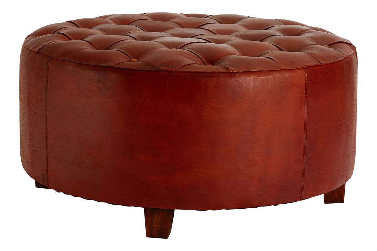 Inca Round Button Tufted Antique Brown Leather Large Stool - Image 2