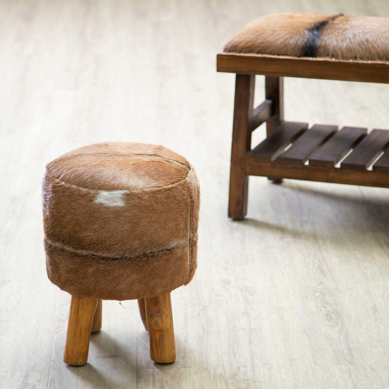 Inca Brown Goat Hide Hair on Leather Round Stool