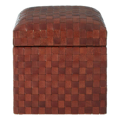 Brown woven leather ottoman on a white background
