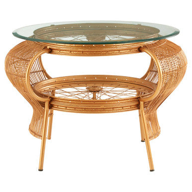 Wicker table with glass top on a white background