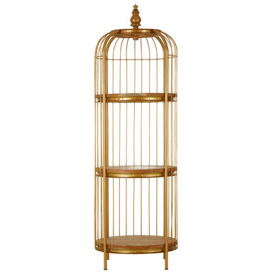 Gold birdcage with decorative top on a white background