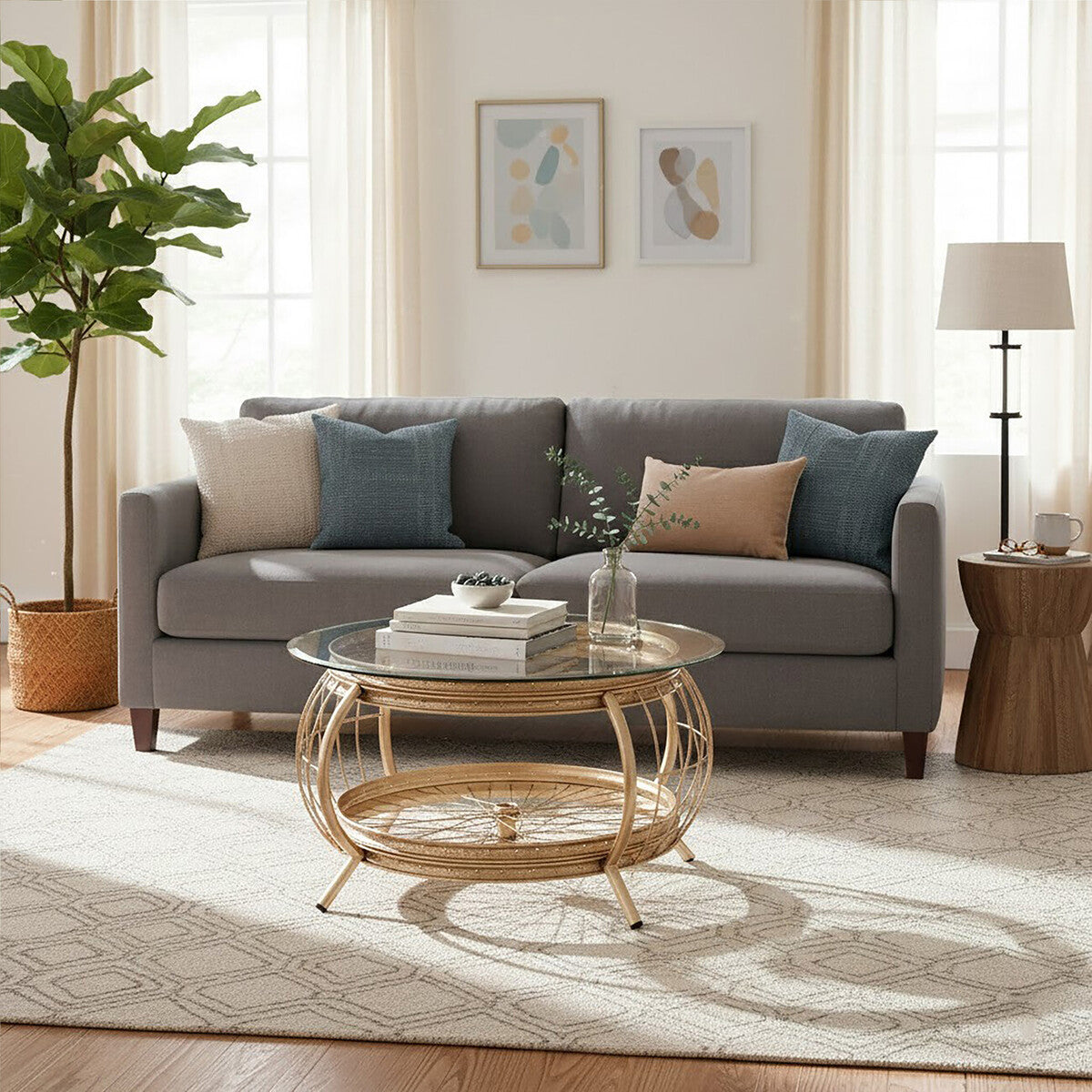 Living room with a gray sofa, wooden coffee table, and decorative elements.