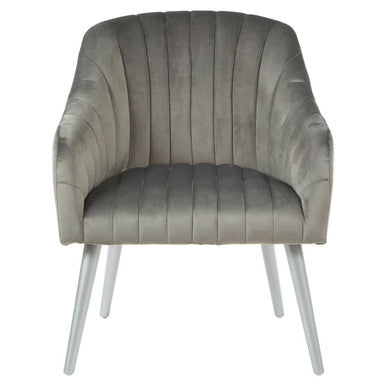 Gray upholstered chair with silver legs on a white background