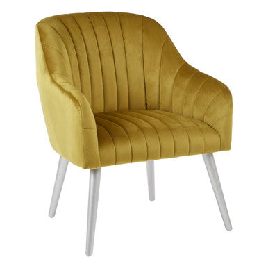 Yellow velvet chair with white legs on a white background