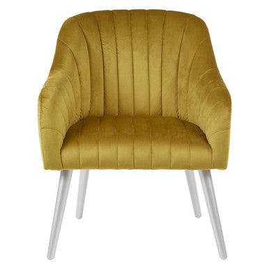 Mustard yellow armchair with ribbed texture on a white background