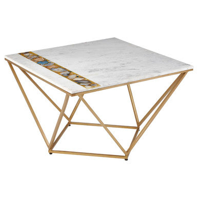 Modern coffee table with marble top and gold geometric base on a white background