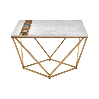 Square coffee table with marble top and gold geometric base on a white background