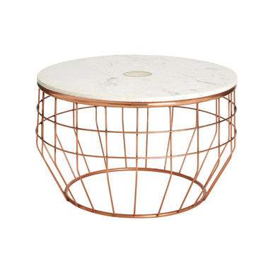 Round coffee table with marble top and copper wire frame on a white background