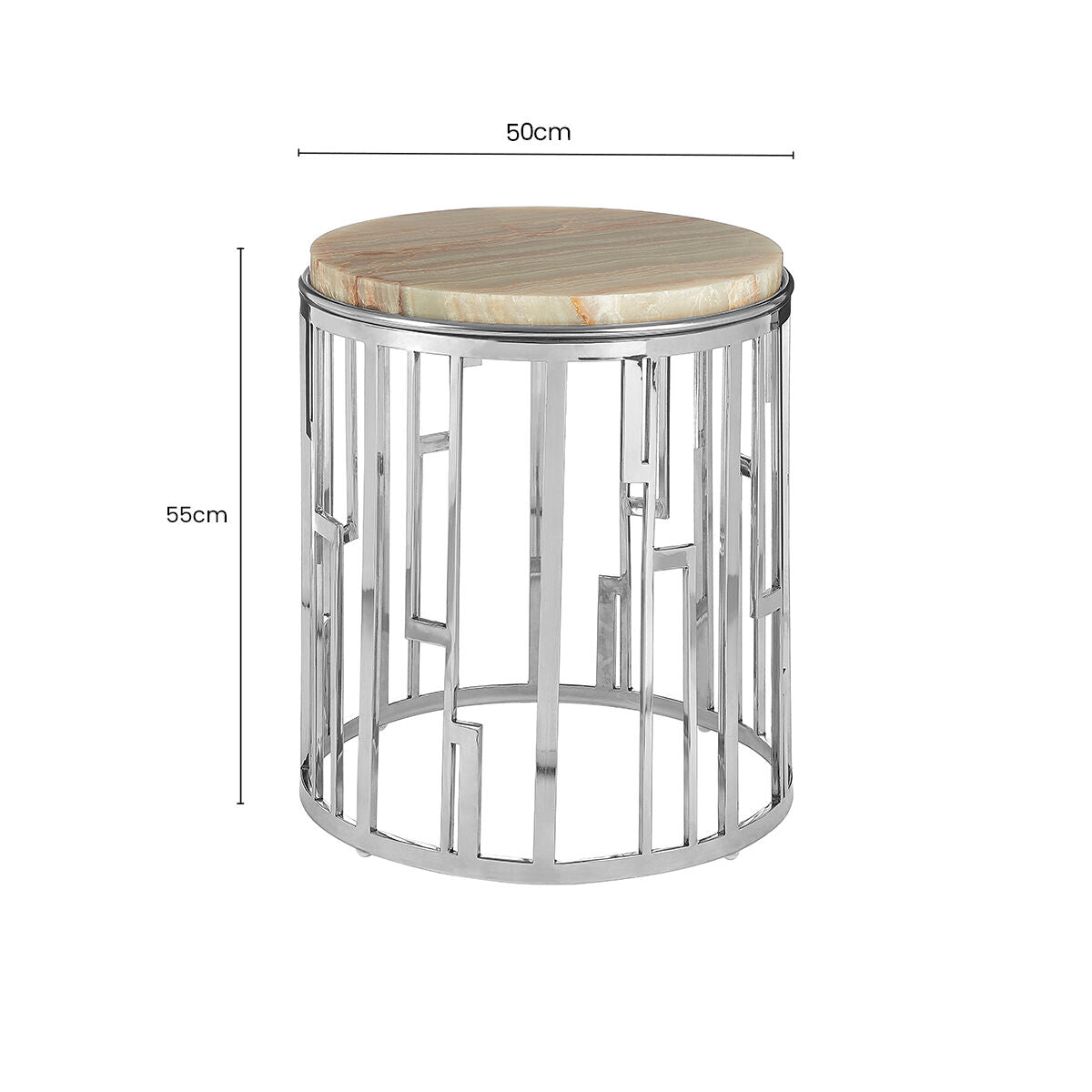 Natural Onyx Stone Top Side Table with Silver Stainless Steel Frame, Relic
