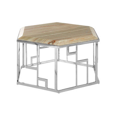 Hexagonal table with wooden top and metal frame on a white background
