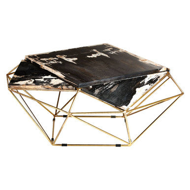 Geometric coffee table with black marble top and gold metal frame on a white background