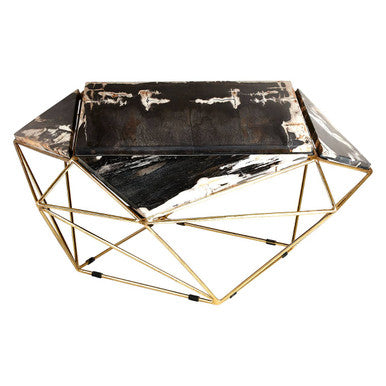 Geometric coffee table with black marble top and gold metal frame on a white background