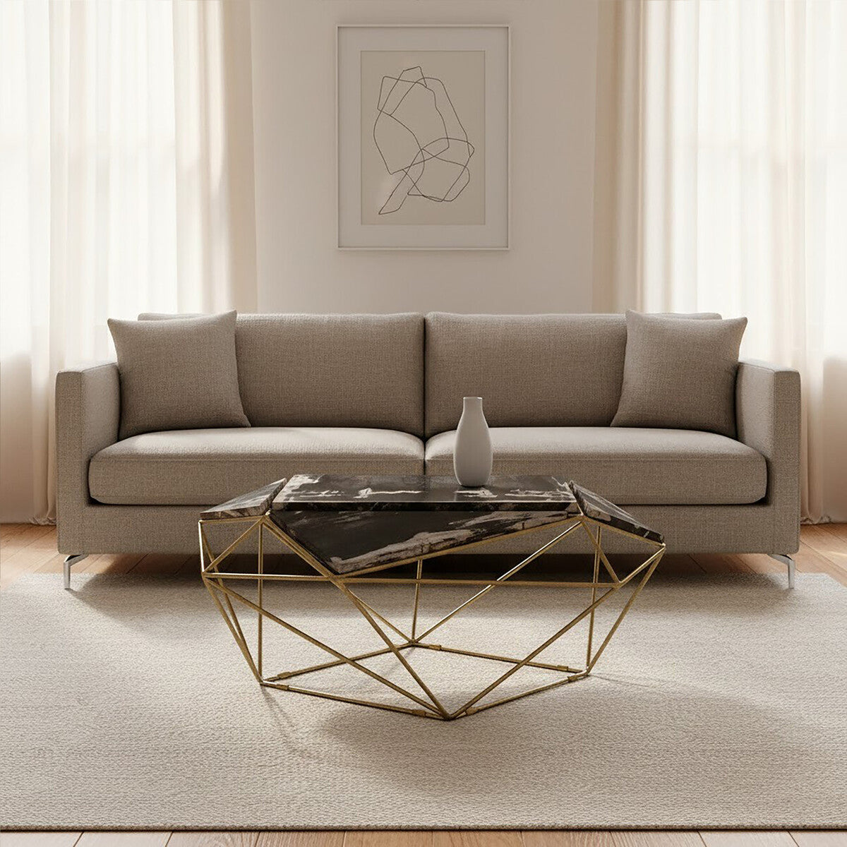 Beige sofa in a living room with a geometric coffee table and abstract art on the wall.