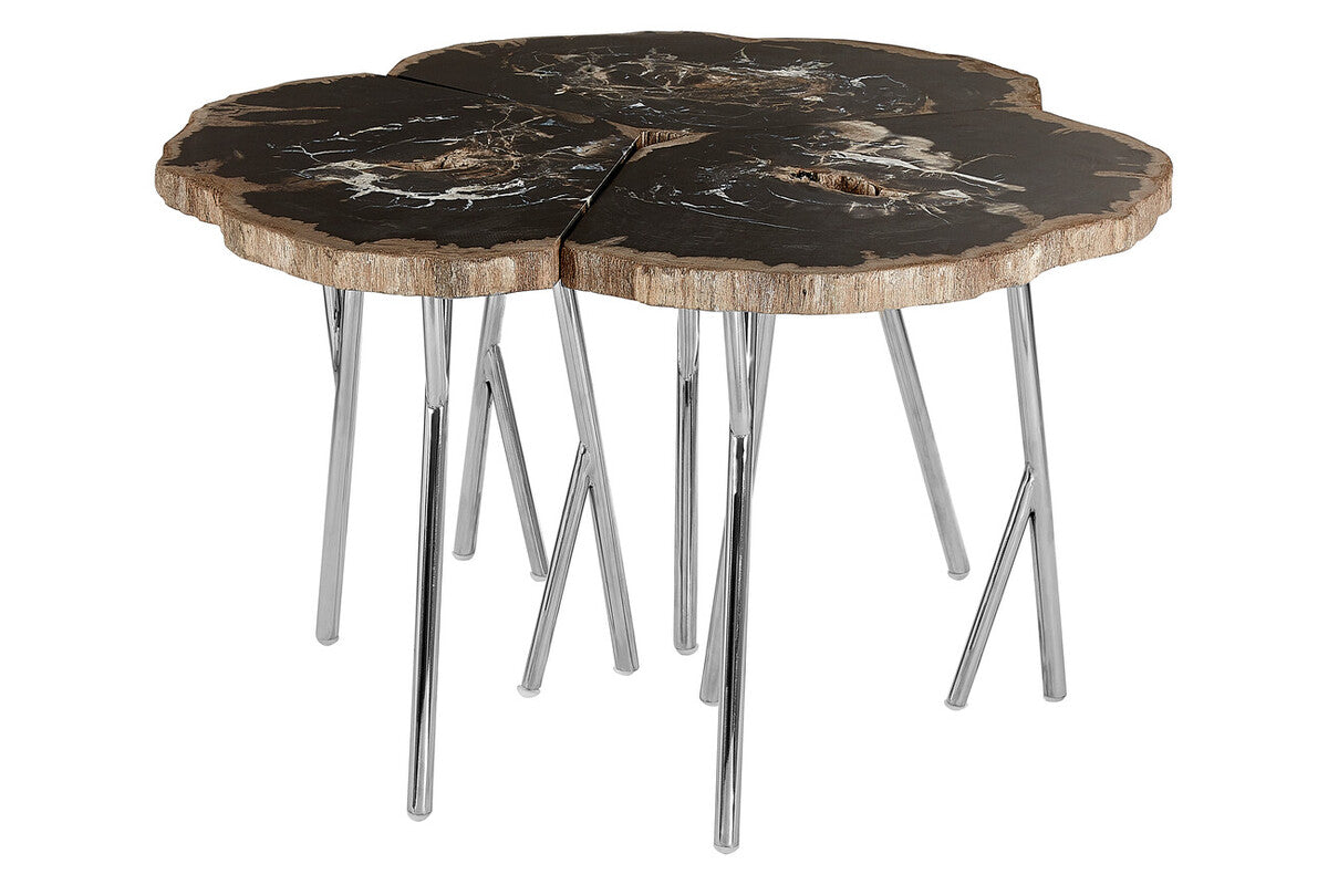 Set of three tables with unique, natural wood tops and metal legs on a white background