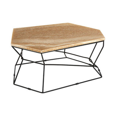 Hexagonal wooden coffee table with black metal frame on a white background