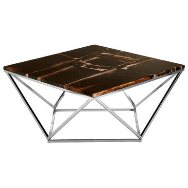 Coffee table with dark wooden top and metal geometric base on a white background