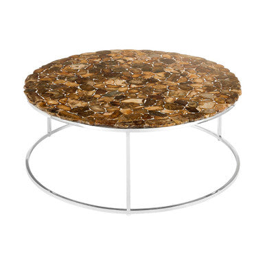 Round coffee table with a brown marble-like top and metal base on a white background