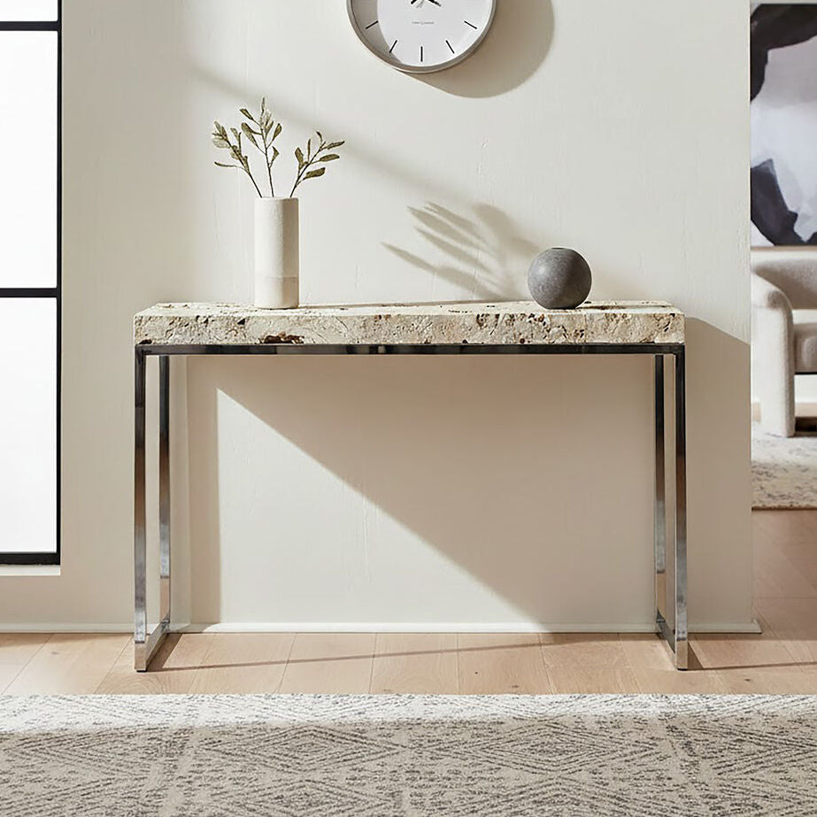 Console table with decorative items in a room setting