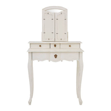 White vanity table with mirror on a white background
