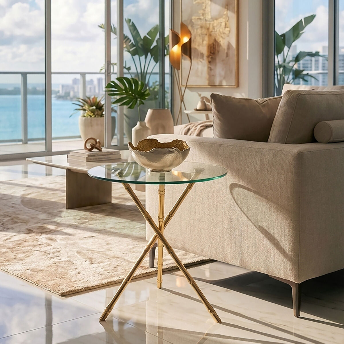 Clear Glass Top Side Table with Gold Bamboo Style Legs | Kensington Townhouse