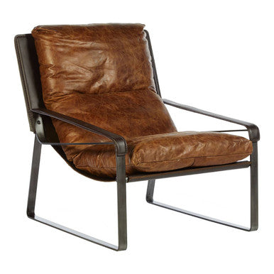 Brown leather armchair with metal frame on a white background