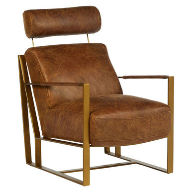 Brown leather armchair with gold metal frame on a white background
