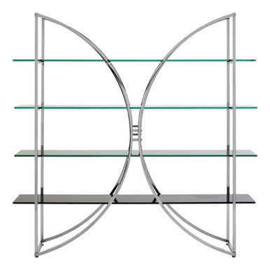 Modern glass shelf with metal frame on a white background