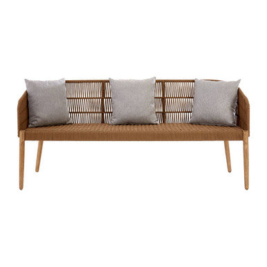 Woven bench with wooden frame and gray cushions on a white background