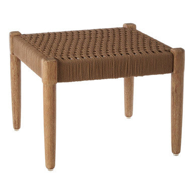 Square woven stool with wooden frame on a white background
