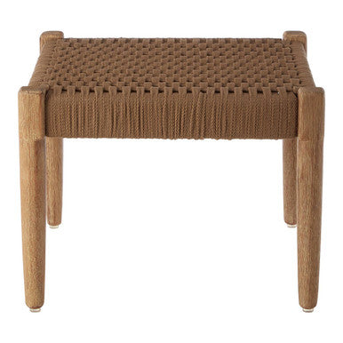 Brown woven stool with wooden legs on a white background