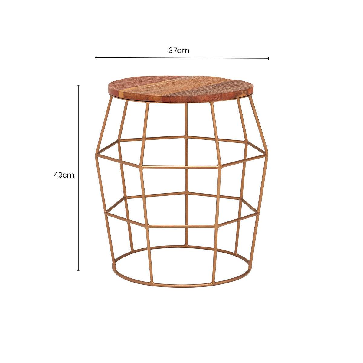 Natural Recycled Wood Top Rounded Side Table with Brass Iron Wireframe Base, Nandri