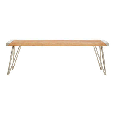 Wooden table with metal legs on a white background