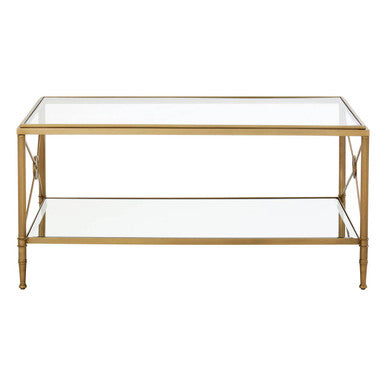 Glass coffee table with gold metal frame on a white background