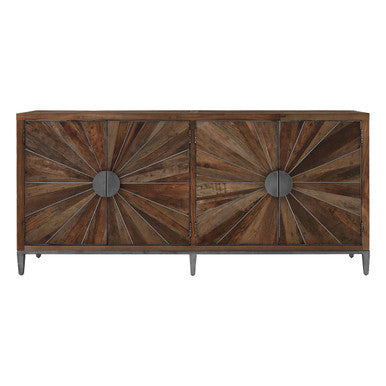Wooden sideboard with sunburst design on a white background