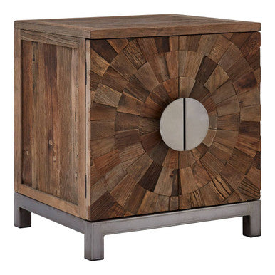 Wooden side table with a sunburst design on a white background