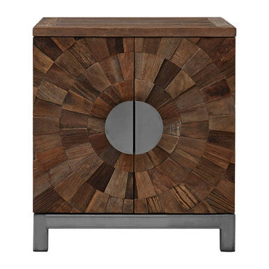 Wooden side table with circular design and metal base on a white background