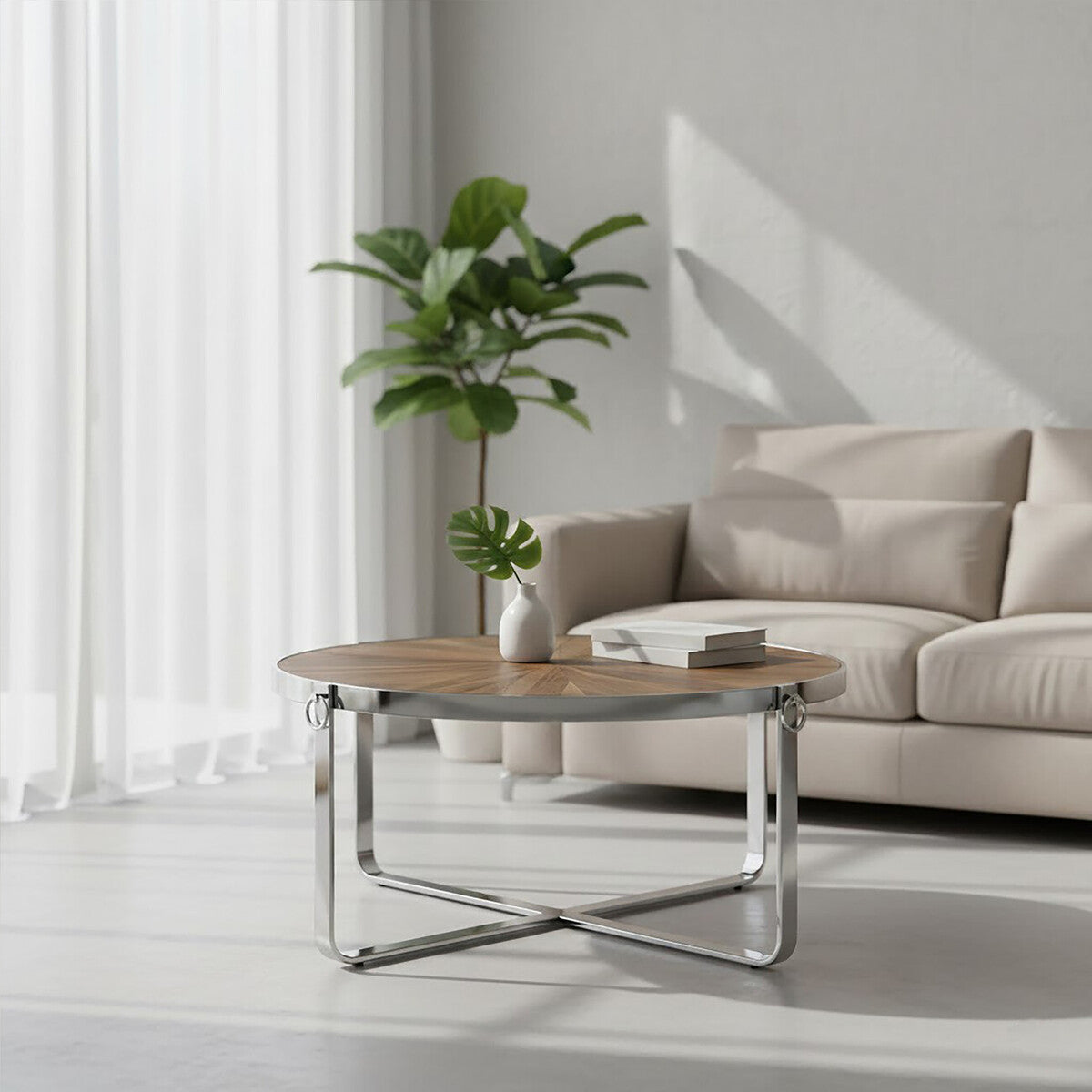 Modern living room with a wooden coffee table, beige sofa, and plant.