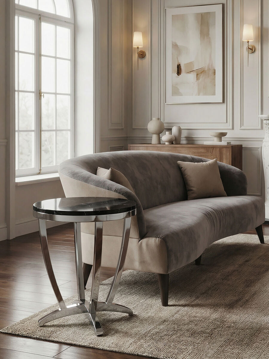 Black and Silver Contemporary Luxe Side Table with Tempered Glass Top, Yasmin