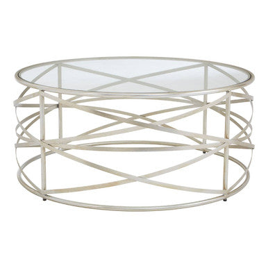 Round glass coffee table with metal frame on a white background